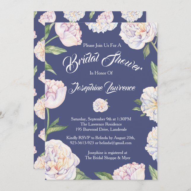 White Peony Floral Blue Bridal Shower Invitations (Front/Back)