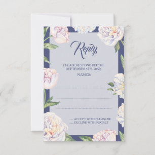 White Peony Floral Blue Wedding Reply Cards