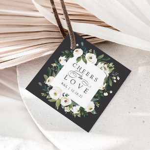 White Peony Floral Frame "Cheers to Love" Wedding Favour Tags