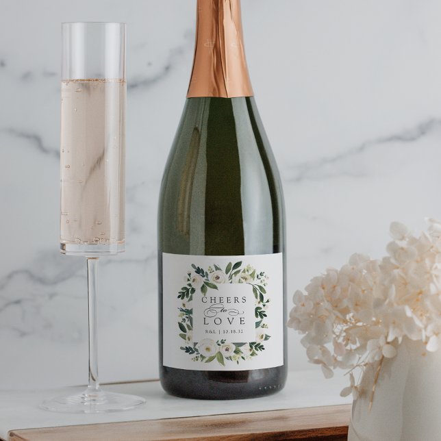 White Peony Floral Frame "Cheers to Love" Wedding Sparkling Wine Label (Creator Uploaded)