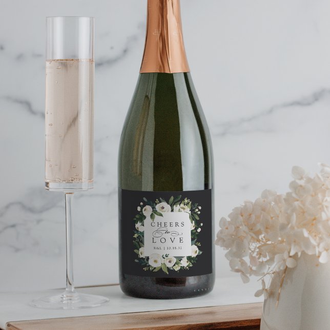 White Peony Floral Frame "Cheers to Love" Wedding Sparkling Wine Label (Creator Uploaded)