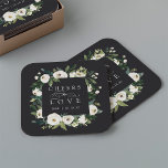 White Peony Floral Frame "Cheers to Love" Wedding Square Paper Coaster<br><div class="desc">Our White Peony watercolor floral wedding collection features delicately painted watercolor greenery,  green botanical foliage and white and ivory peony flowers. "Cheers to love" appears in classic lettering with calligraphy script accents. Personalise these cocktail napkins with your initials and wedding date,  or your choice of custom text.</div>
