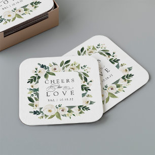 White Peony Floral Frame "Cheers to Love" Wedding Square Paper Coaster
