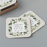 White Peony Floral Frame "Cheers to Love" Wedding Square Paper Coaster<br><div class="desc">Our White Peony watercolor floral wedding collection features delicately painted watercolor greenery,  green botanical foliage and white and ivory peony flowers. "Cheers to love" appears in classic lettering with calligraphy script accents. Personalise these cocktail napkins with your initials and wedding date,  or your choice of custom text.</div>