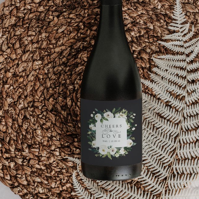 White Peony Floral Frame "Cheers to Love" Wedding Wine Label (Creator Uploaded)