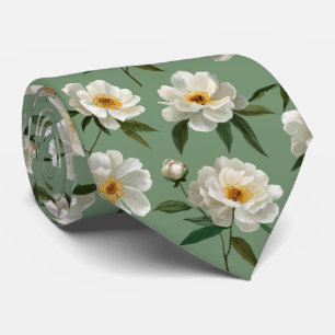White Peony Floral Pattern Tie