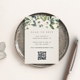 White Peony Floral QR Code Wedding RSVP Enclosure Card