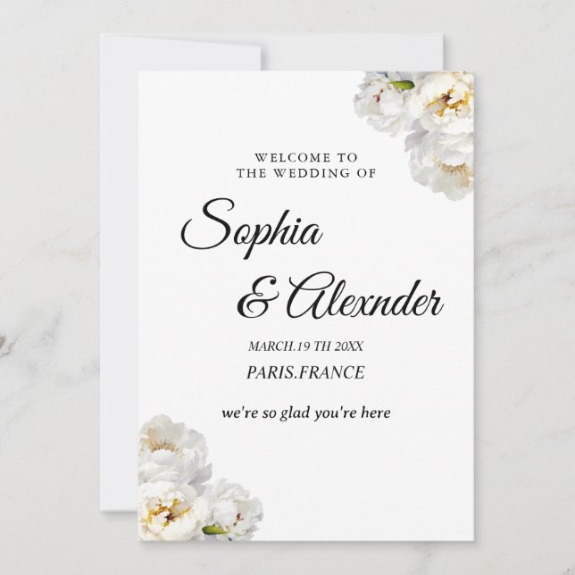 White Peony Floral Wedding  Invitation (Front)
