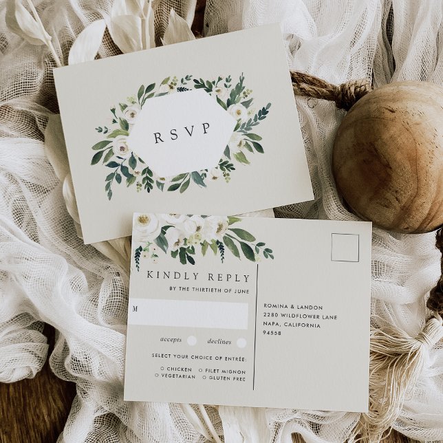 White Peony Floral Wedding Meal Choice RSVP Postcard (Creator Uploaded)