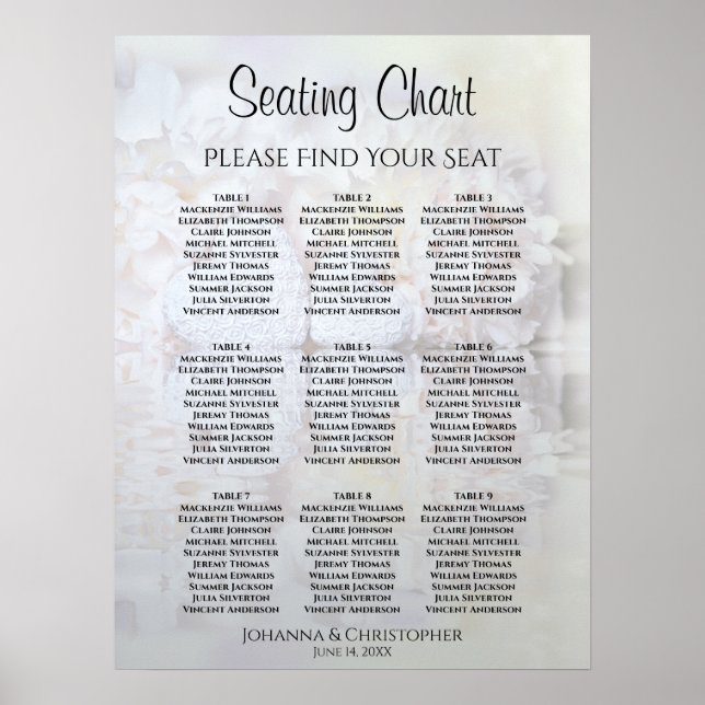 White Peony Flowers 9 Table Wedding Seating Chart (Front)