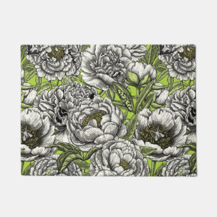 White peony flowers and moths doormat