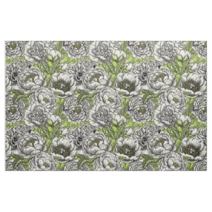 White peony flowers and moths fabric