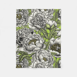 White peony flowers and moths fleece blanket