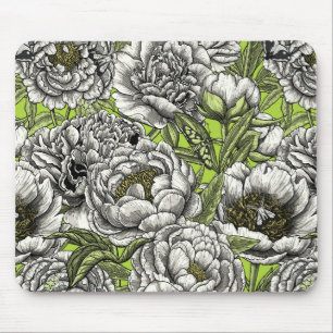 White peony flowers and moths mouse pad