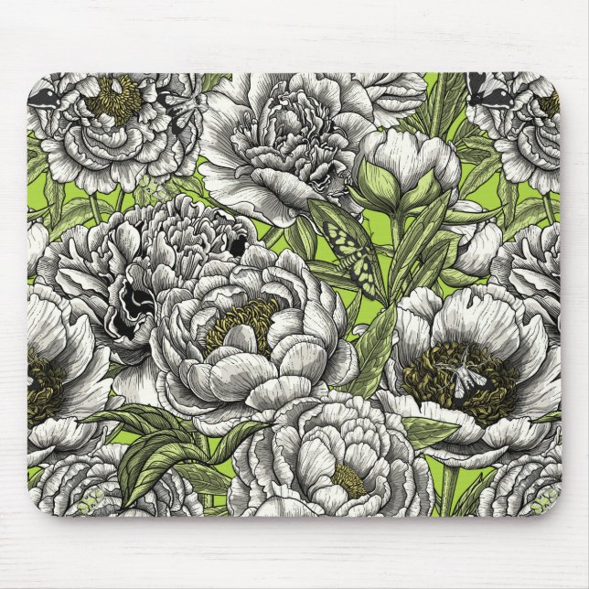 White peony flowers and moths mouse pad (Front)