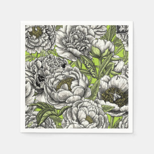 White peony flowers and moths napkin
