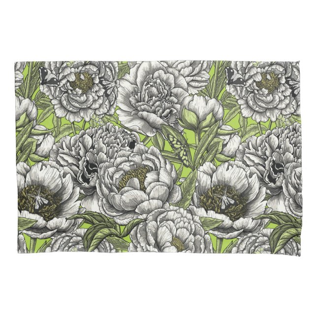 White peony flowers and moths pillowcase (Front-Left)