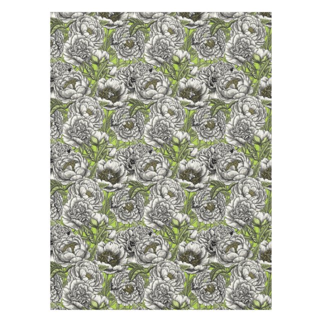 White peony flowers and moths tablecloth (Front)