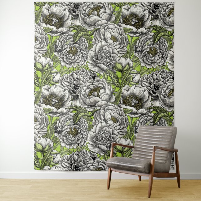 White peony flowers and moths tapestry (In Situ)