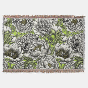 White peony flowers and moths throw blanket