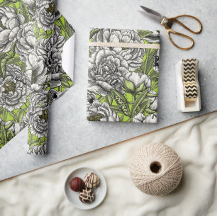 White peony flowers and moths wrapping paper