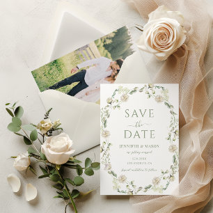 White Peony Flowers Eucalyptus Save The Date Photo Invitation