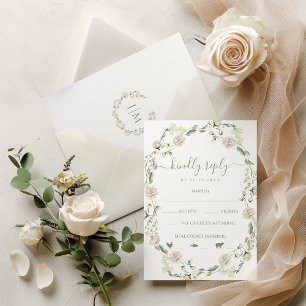 White Peony Flowers Greenery Leaves Wedding RSVP Card