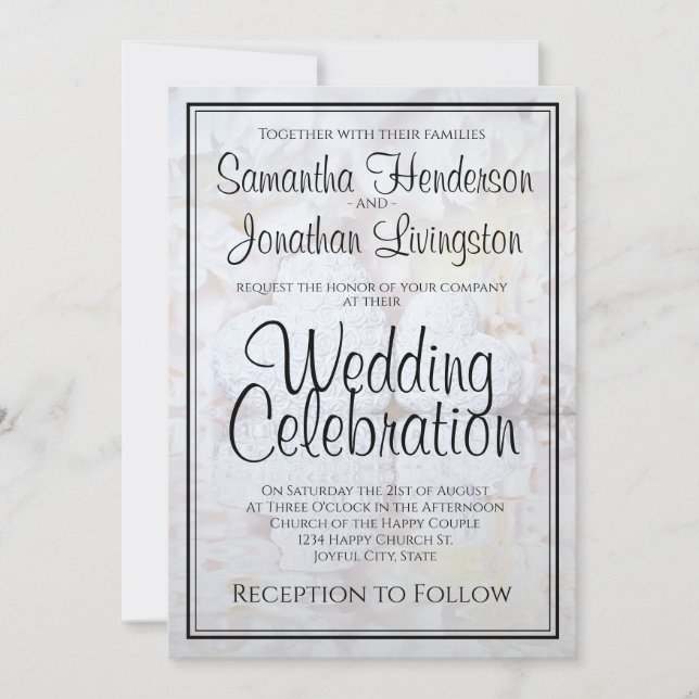 White Peony Flowers & Hearts Reflections Wedding Invitation (Front)