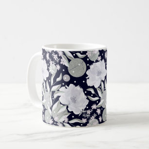 White peony flowers on dark blue. coffee mug