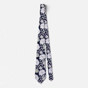 White peony flowers on dark blue. tie