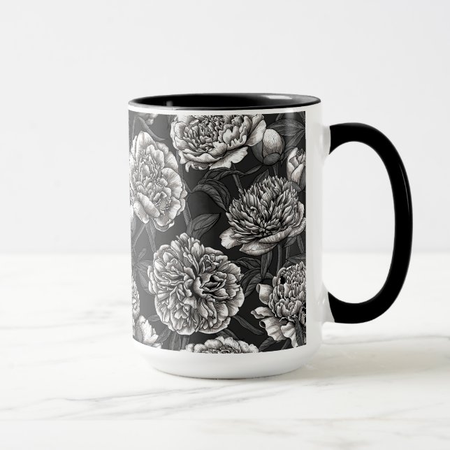 White peony flowers on dark gray mug (Right)