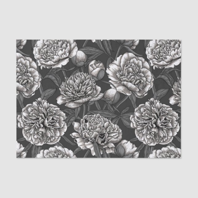 White peony flowers on dark gray tissue paper (Front)