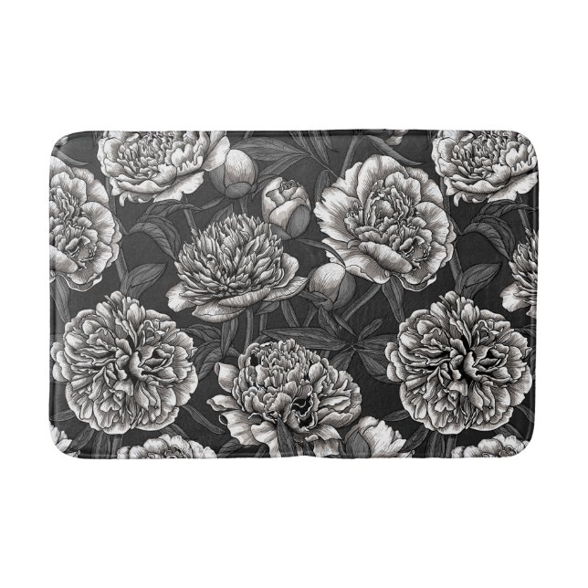 White peony flowers on dark grey bath mat (Front)