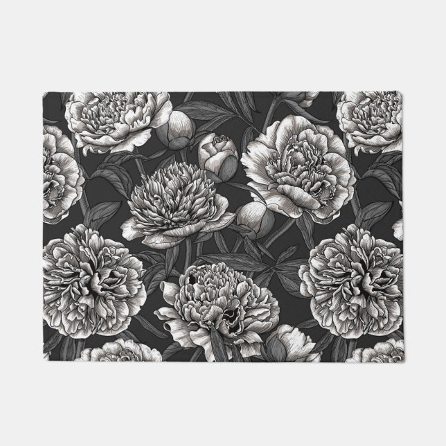 White peony flowers on dark grey doormat (Front)