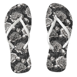 White peony flowers on dark grey jandals