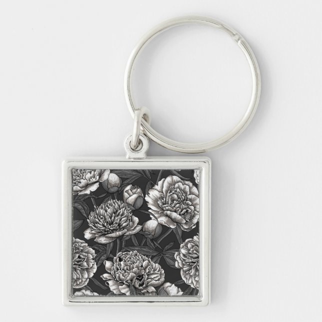 White peony flowers on dark grey key ring (Front)