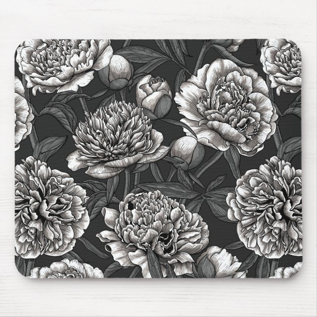 White peony flowers on dark grey mouse pad (Front)