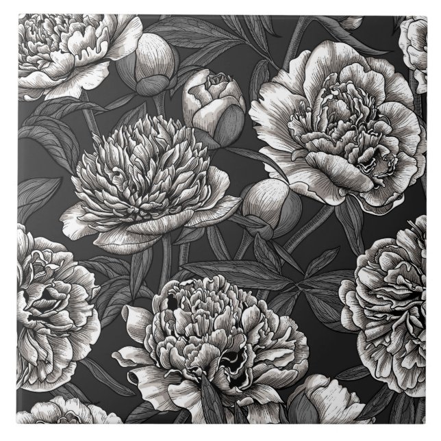 White peony flowers on dark grey tile (Front)