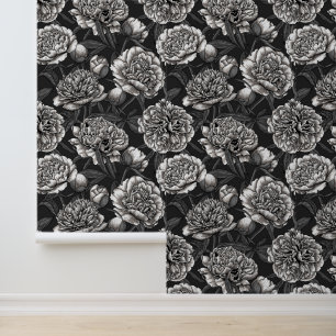 White peony flowers on dark grey wallpaper