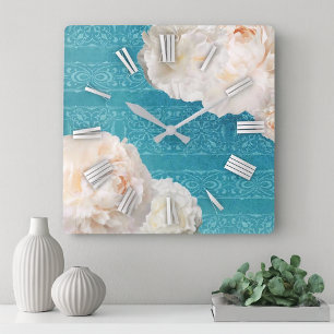 White Peony Flowers On Turquoise Damask Pattern Square Wall Clock