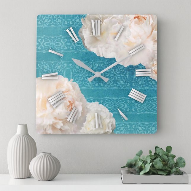 White Peony Flowers On Turquoise Damask Pattern Square Wall Clock (Creator Uploaded)