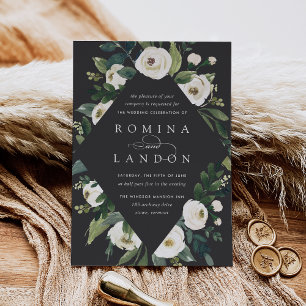 White Peony Geometric Floral Frame Wedding Invitation