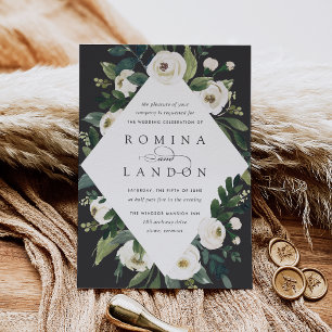 White Peony Geometric Floral Frame Wedding Invitation