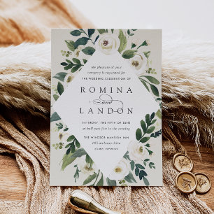 White Peony   Geometric Floral Frame Wedding Invitation