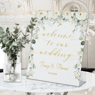 White Peony Gold Calligraphy Welcome To Wedding Pedestal Sign