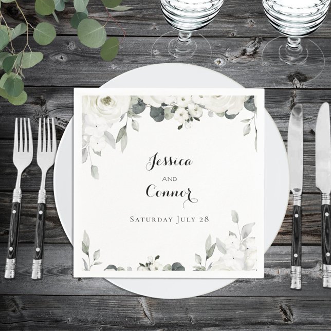 White Peony Greenery Cocktail Napkin Square (Creator Uploaded)