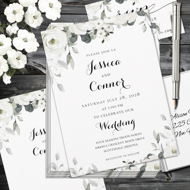 White Peony Greenery Wedding Invitation (Creator Uploaded)