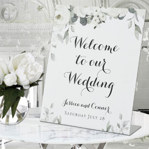 White Peony Greenery Welcome To Our Wedding Pedestal Sign