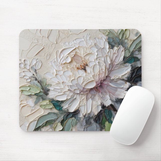 White Peony Impasto Art Mouse Pad (With Mouse)