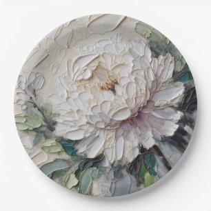 White Peony Impasto Art Paper Plate